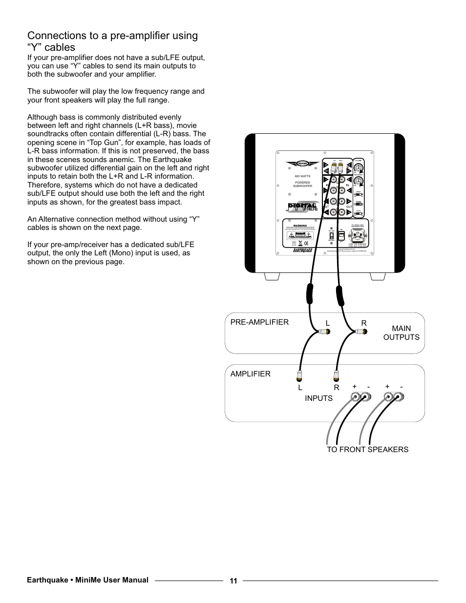 Connections to a pre-amplifier using “y” cables, Power | Earthquake Sound MiniMe P10 User Manual | Page 11 / 16