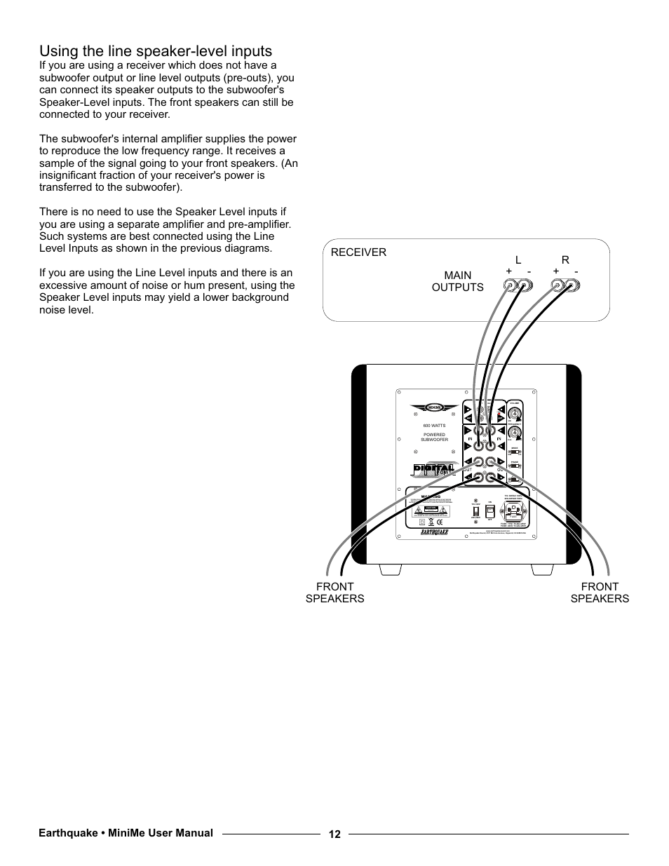 Using the line speaker-level inputs, Power | Earthquake Sound MiniMe P10 User Manual | Page 12 / 16