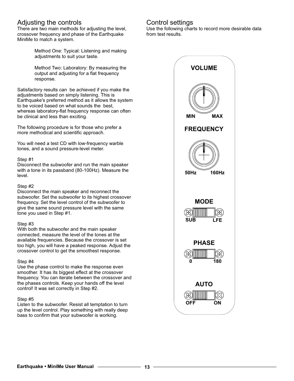 Adjusting the controls, Control settings, Auto | Volume frequency mode phase | Earthquake Sound MiniMe P10 User Manual | Page 13 / 16