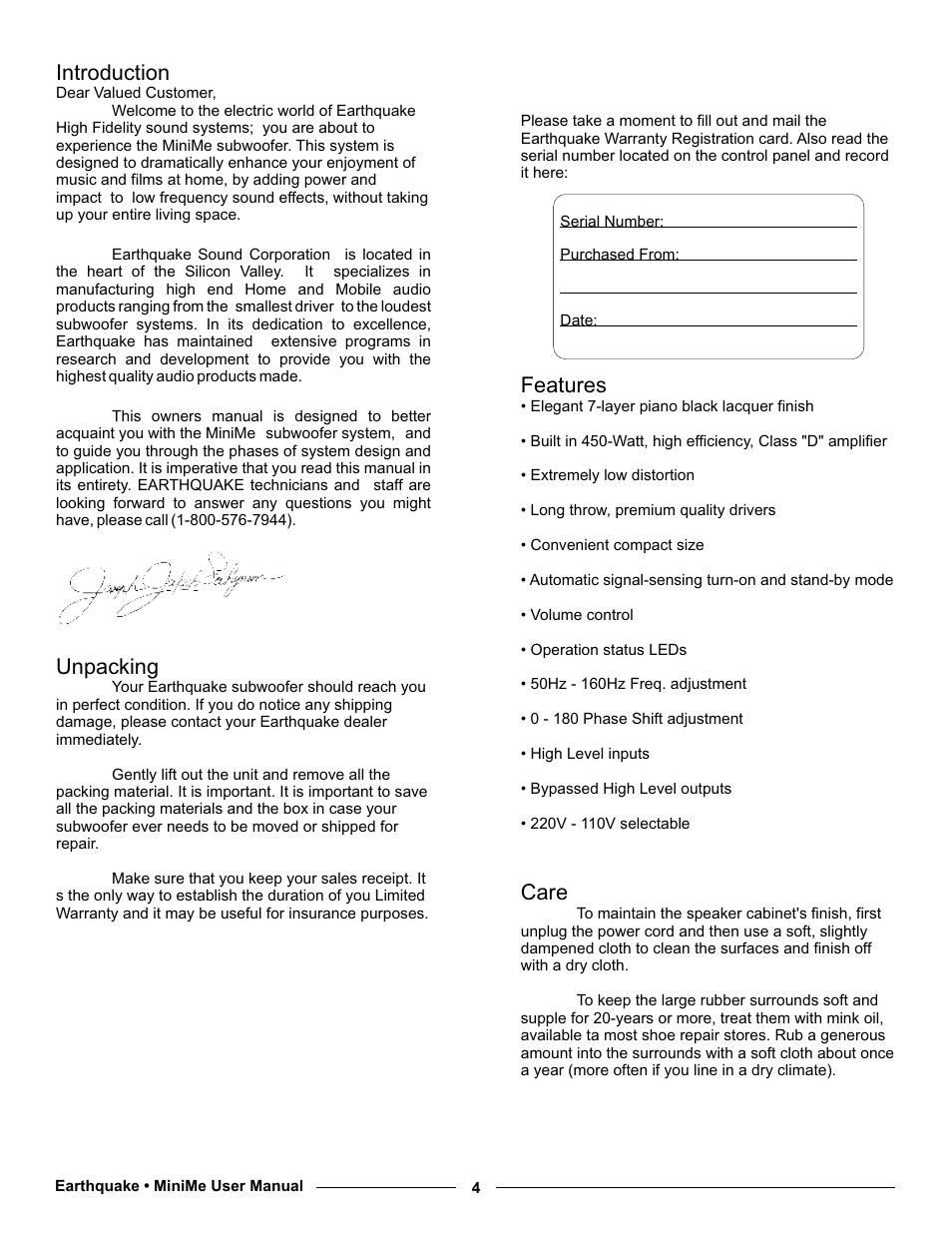 Introduction, Unpacking, Features | Care | Earthquake Sound MiniMe P10 User Manual | Page 4 / 16