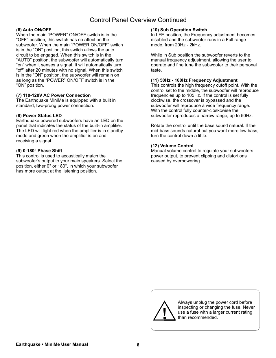 Control panel overview continued | Earthquake Sound MiniMe P10 User Manual | Page 6 / 16