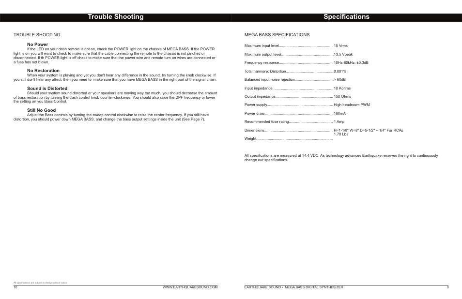 Trouble shooting specifications | EarthQuake Mega Bass Enhancer MB-1 User Manual | Page 6 / 6