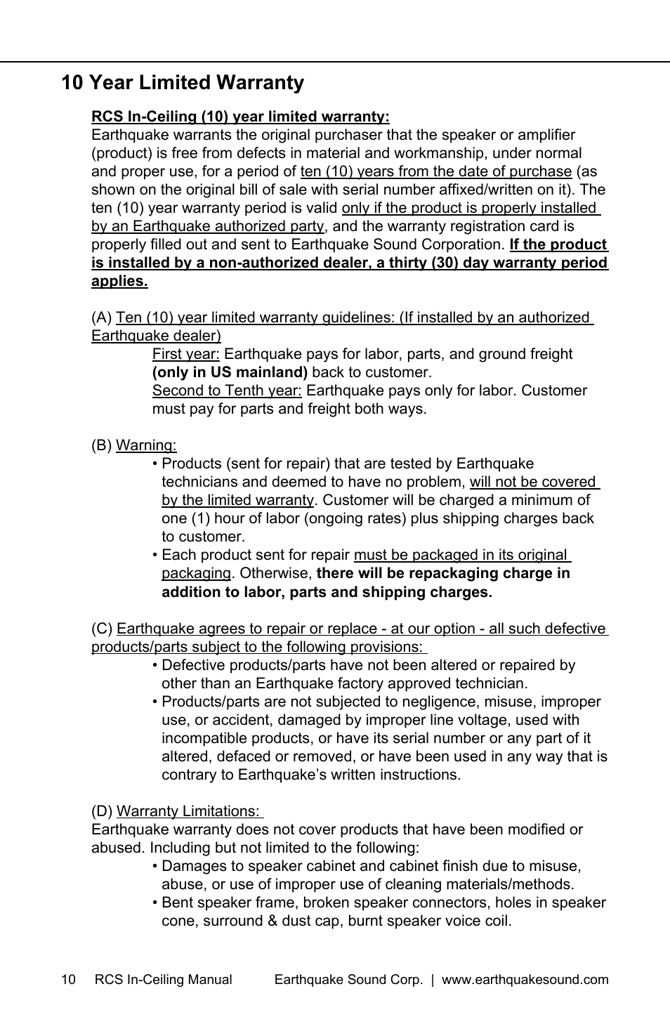 10 year limited warranty | Earthquake Sound RCS-800 User Manual | Page 10 / 12