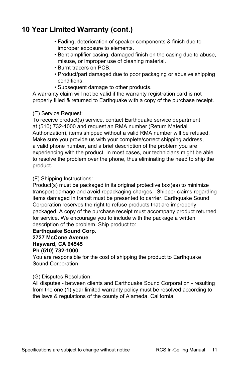 10 year limited warranty (cont.) | Earthquake Sound RCS-800 User Manual | Page 11 / 12