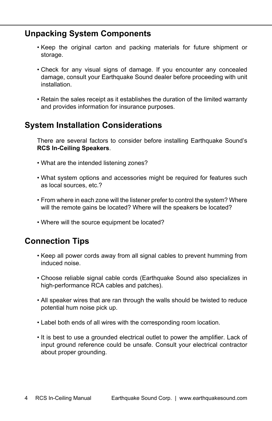 Unpacking system components, System installation considerations, Connection tips | Earthquake Sound RCS-800 User Manual | Page 4 / 12