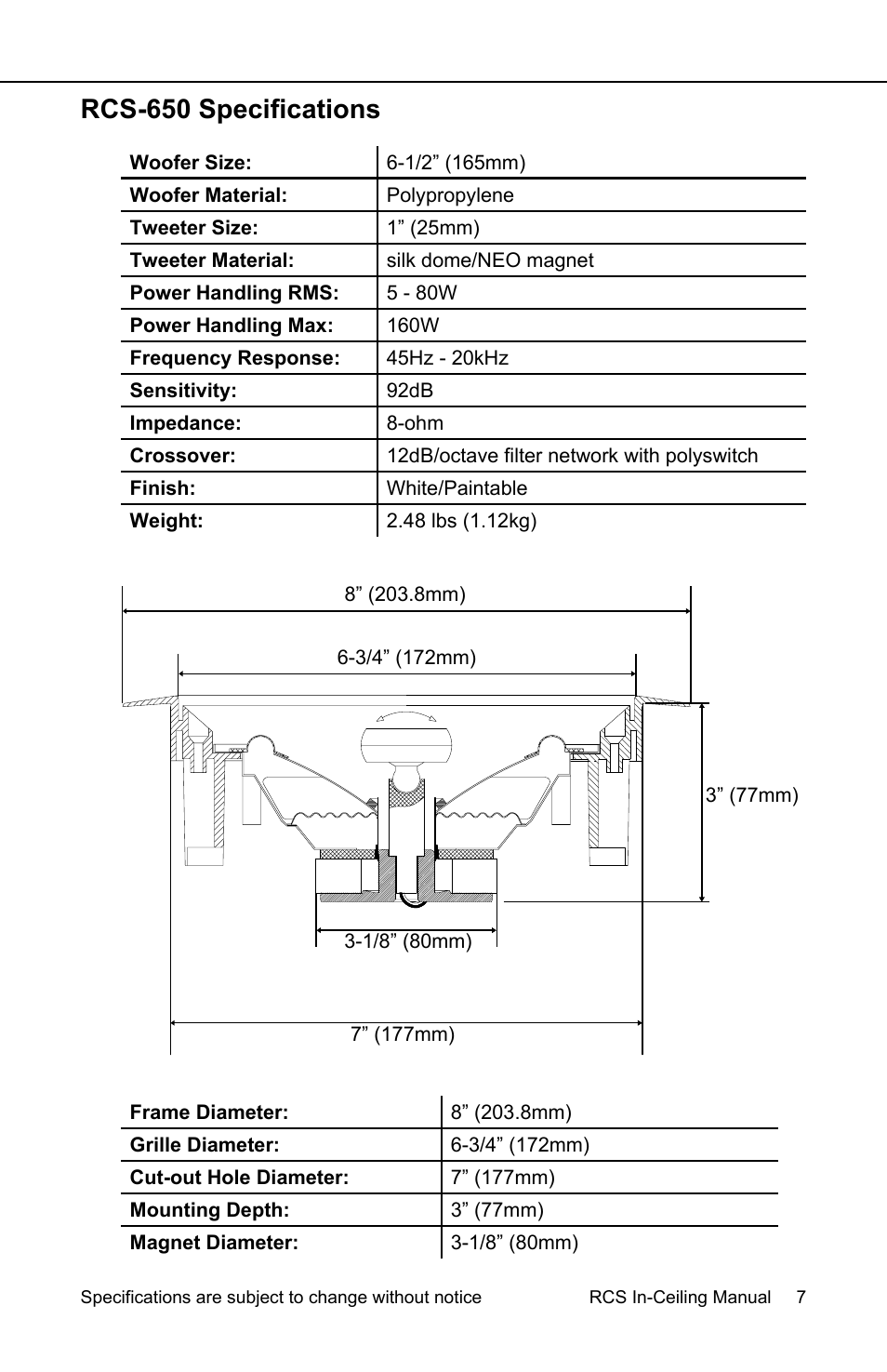 Rcs-650 specifications | Earthquake Sound RCS-800 User Manual | Page 7 / 12
