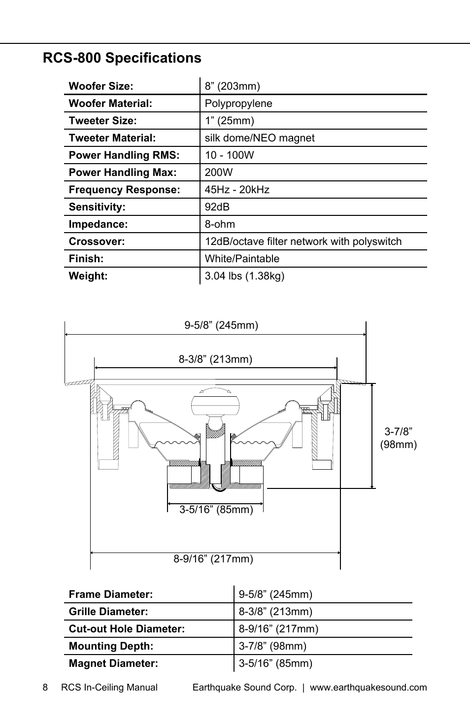 Rcs-800 specifications | Earthquake Sound RCS-800 User Manual | Page 8 / 12