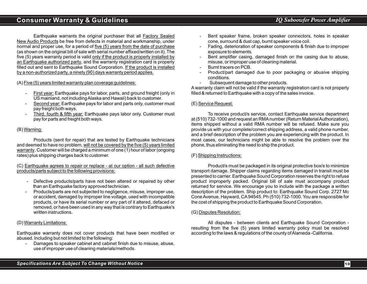 Consumer warranty & guidelines | EarthQuake IQ-600R User Manual | Page 10 / 12