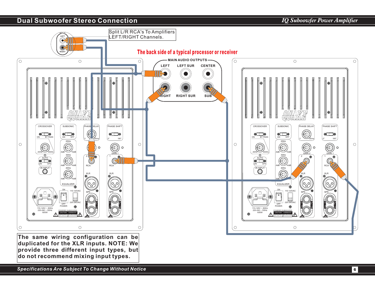 Iq suboowfer power amplifier, Split l/r rca's to amplifiers left/right channels | EarthQuake IQ-600R User Manual | Page 6 / 12