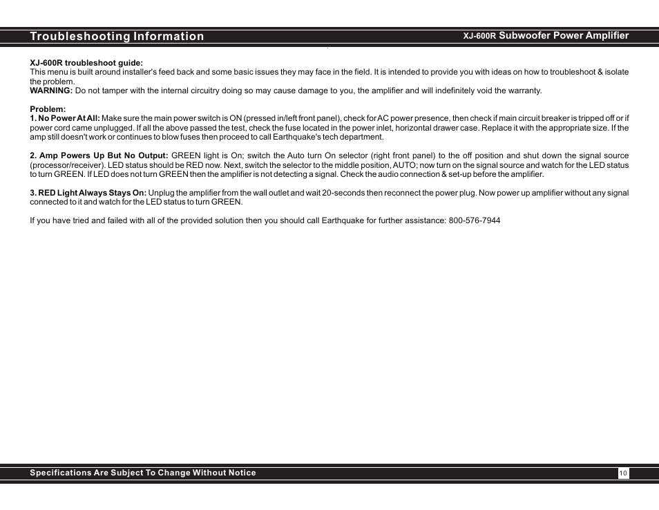 Troubleshooting information | Earthquake Sound XJ-600R User Manual | Page 10 / 12