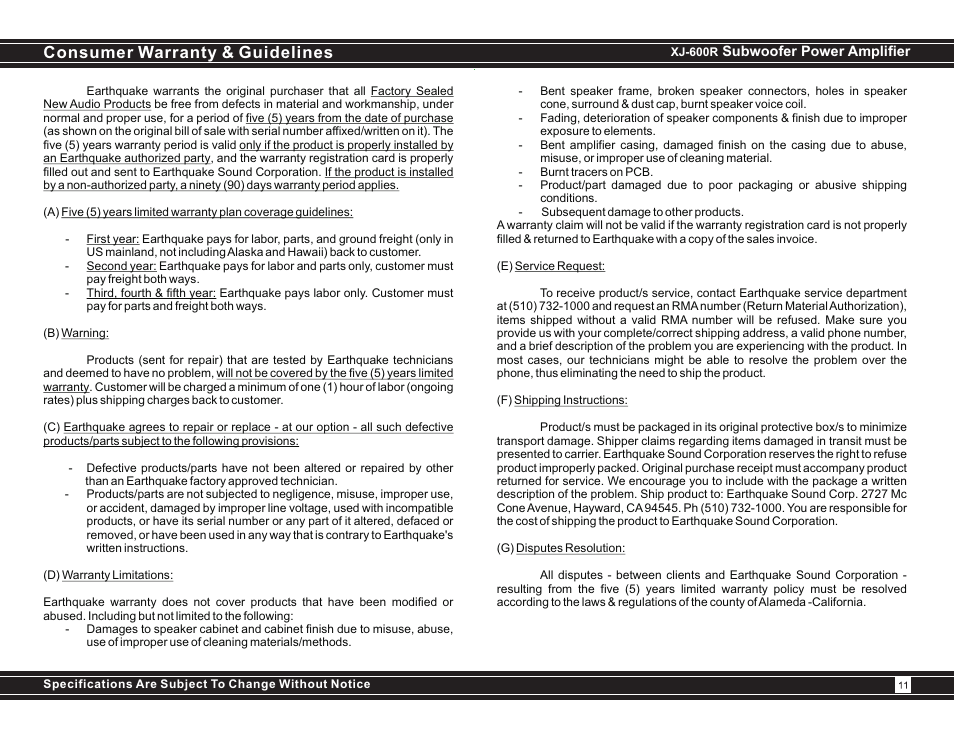 Consumer warranty & guidelines | Earthquake Sound XJ-600R User Manual | Page 11 / 12