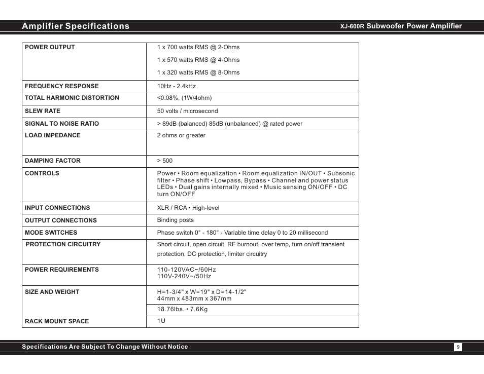 Amplifier specifications | Earthquake Sound XJ-600R User Manual | Page 9 / 12