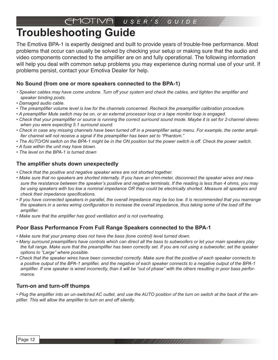 Troubleshooting guide | Emotiva pmn User Manual | Page 12 / 16