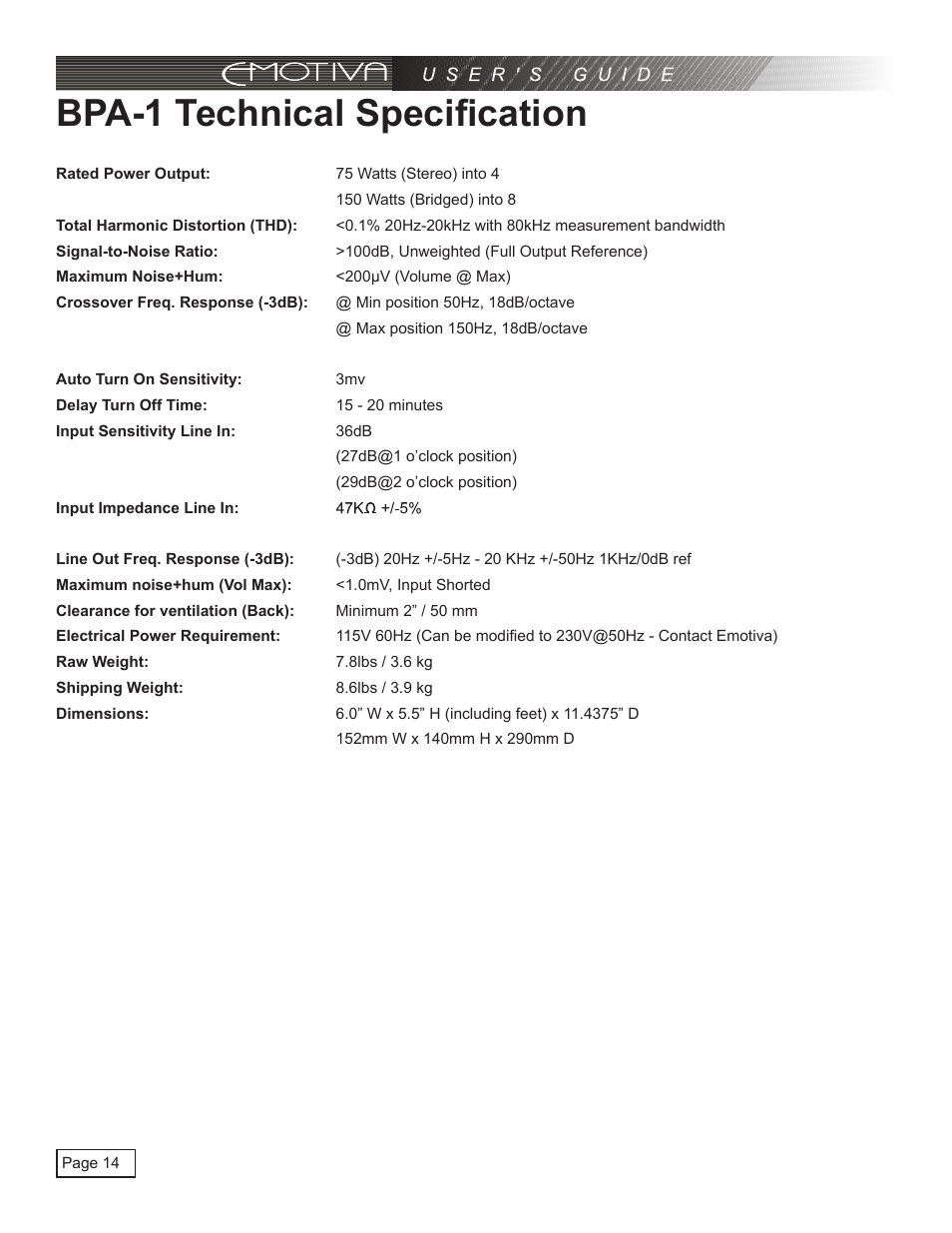 Bpa-1 technical specification | Emotiva pmn User Manual | Page 14 / 16