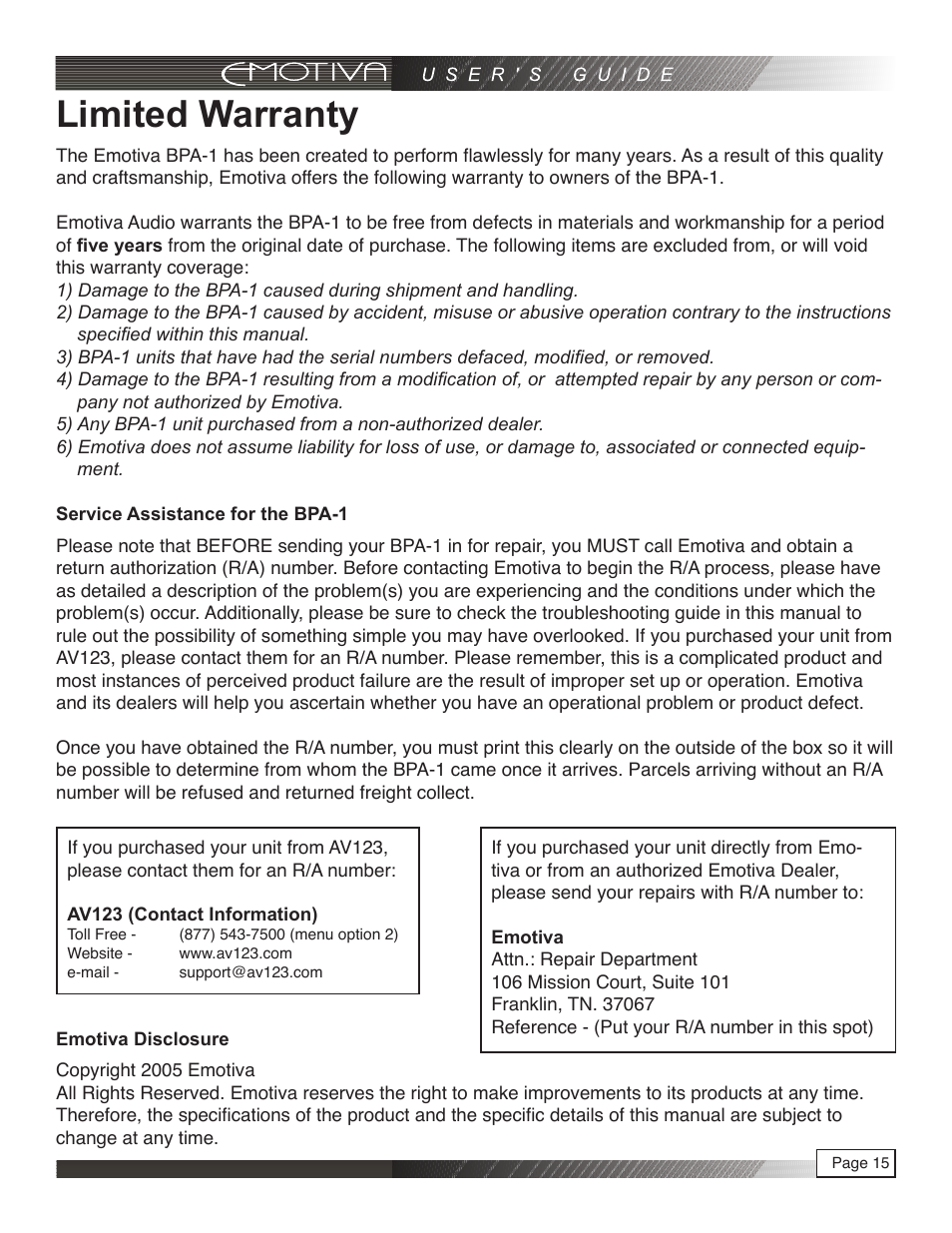Limited warranty | Emotiva pmn User Manual | Page 15 / 16