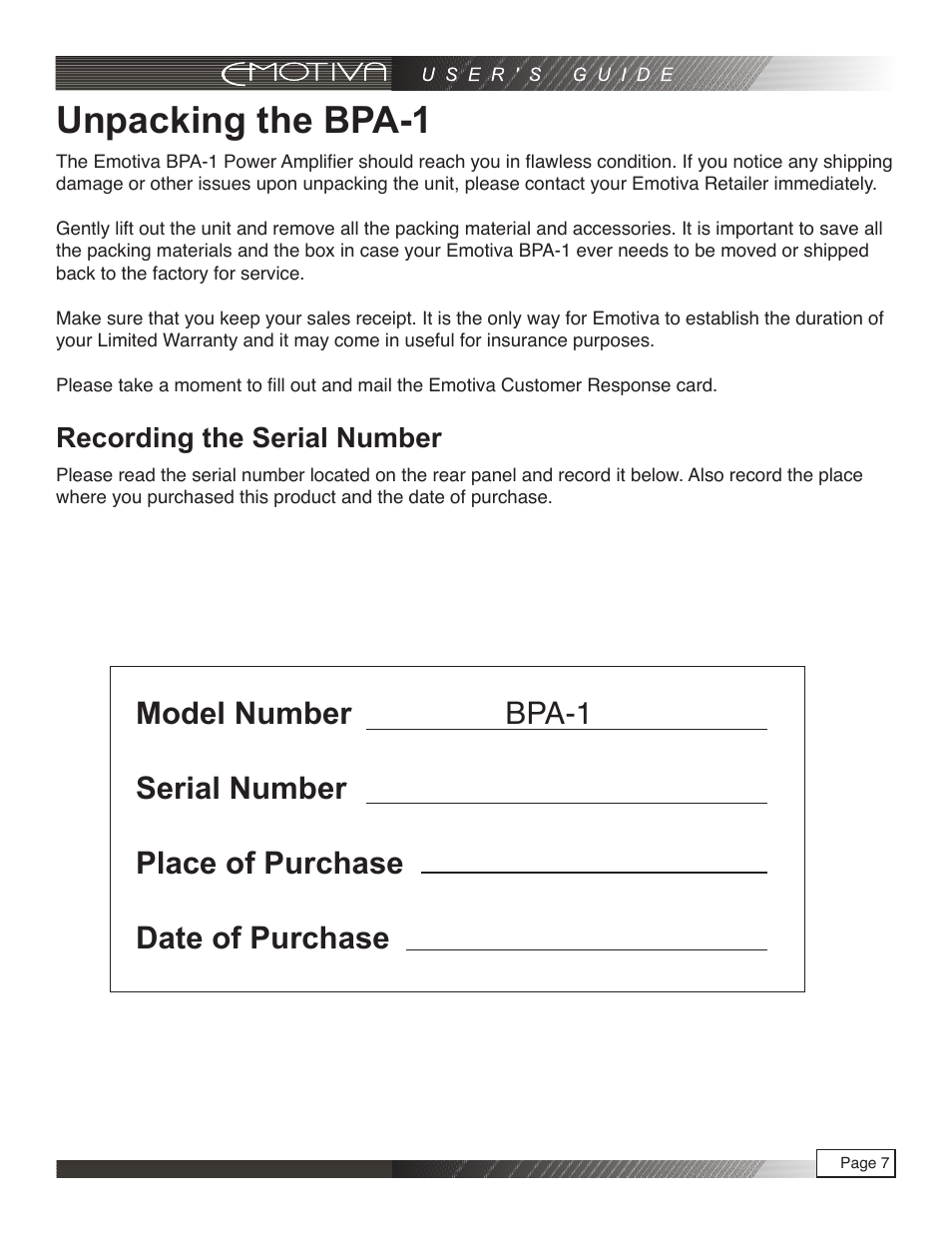 Unpacking the bpa-1, Recording the serial number | Emotiva pmn User Manual | Page 7 / 16