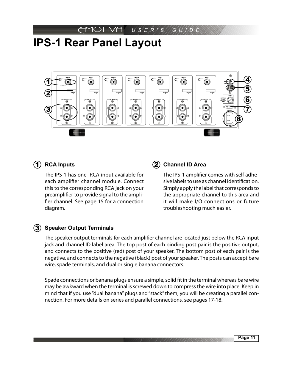 Ips-1 rear panel layout, Channel id area, Rca inputs | Speaker output terminals | Emotiva IPS-1 User Manual | Page 11 / 32