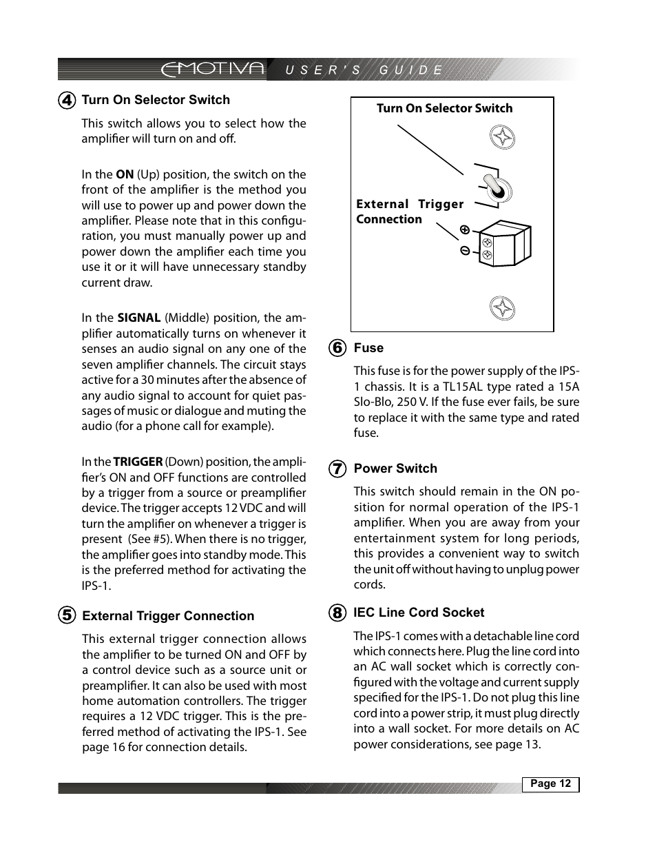 Turn on selector switch, External trigger connection, Fuse | Power switch, Iec line cord socket | Emotiva IPS-1 User Manual | Page 12 / 32
