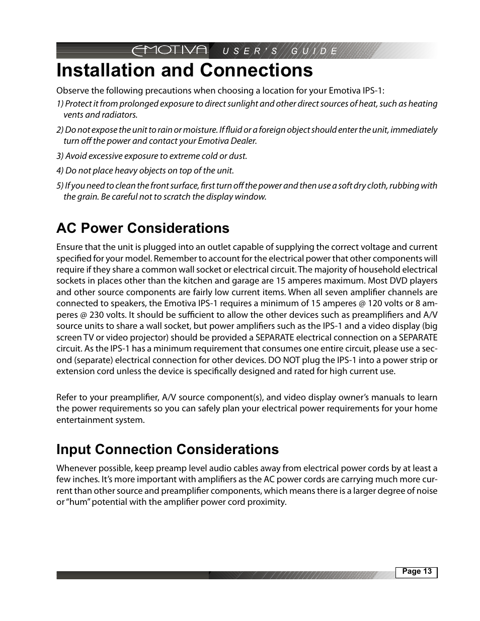 Installation and connections, Ac power considerations, Input connection considerations | Emotiva IPS-1 User Manual | Page 13 / 32