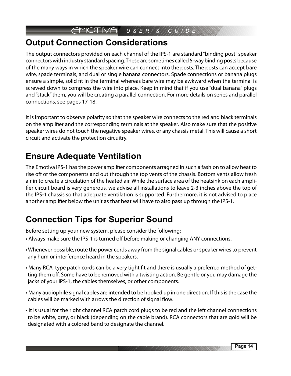 Output connection considerations, Automatic operation of the cooling fan(s), Connection tips for superior sound | Ensure adequate ventilation | Emotiva IPS-1 User Manual | Page 14 / 32