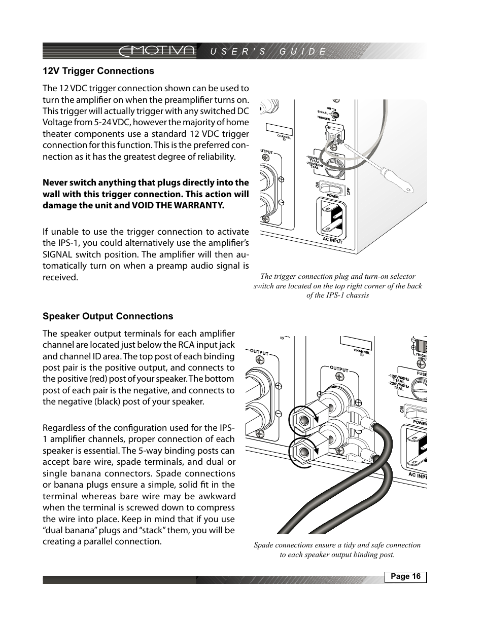 12v trigger connections, Speaker output connections | Emotiva IPS-1 User Manual | Page 16 / 32