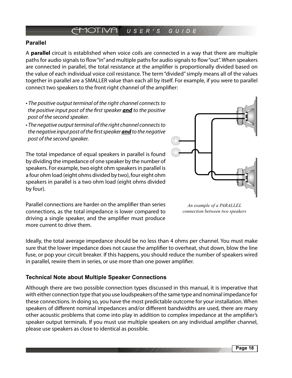 Parallel, Technical note about multiple speaker connections | Emotiva IPS-1 User Manual | Page 18 / 32