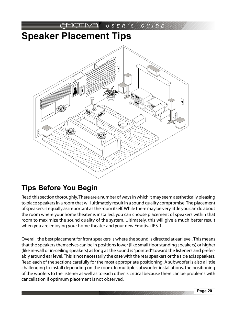 Speaker placement tips, Tips before you begin | Emotiva IPS-1 User Manual | Page 20 / 32