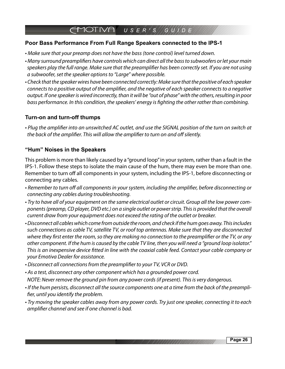 Turn-on and turn-off thumps, Hum” noises in the speakers | Emotiva IPS-1 User Manual | Page 26 / 32