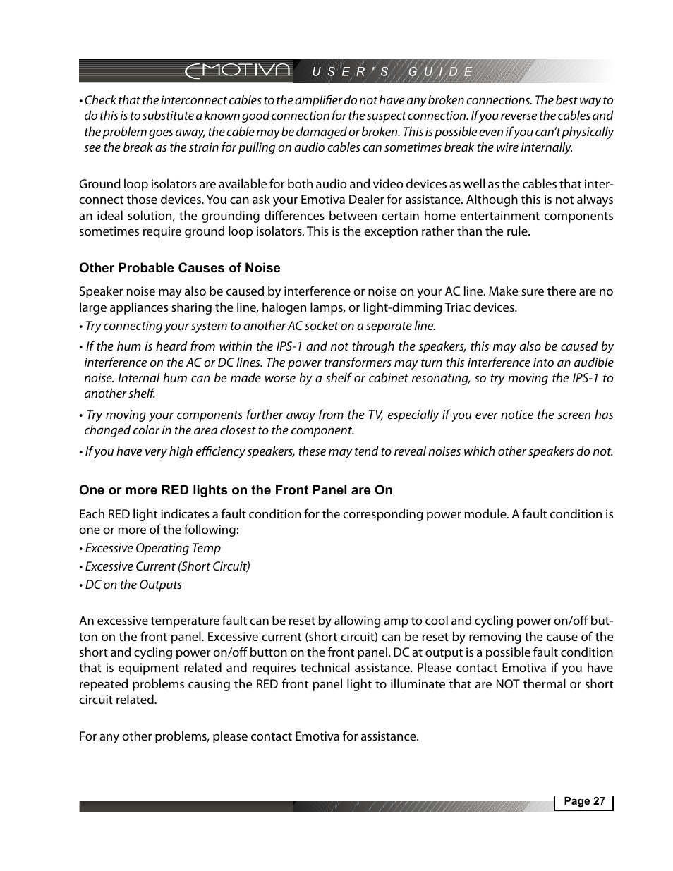 Other probable causes of noise, One or more red lights on the front panel are on | Emotiva IPS-1 User Manual | Page 27 / 32