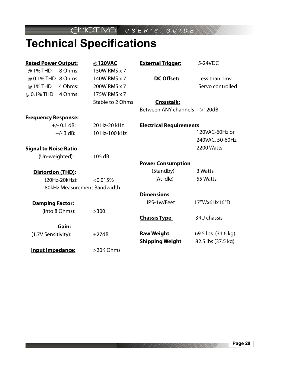 Technical specifications | Emotiva IPS-1 User Manual | Page 28 / 32