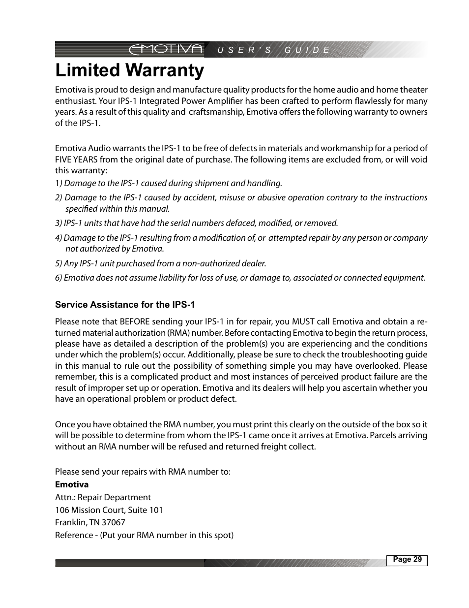 Limited warranty, Service assistance for the ips-1 | Emotiva IPS-1 User Manual | Page 29 / 32