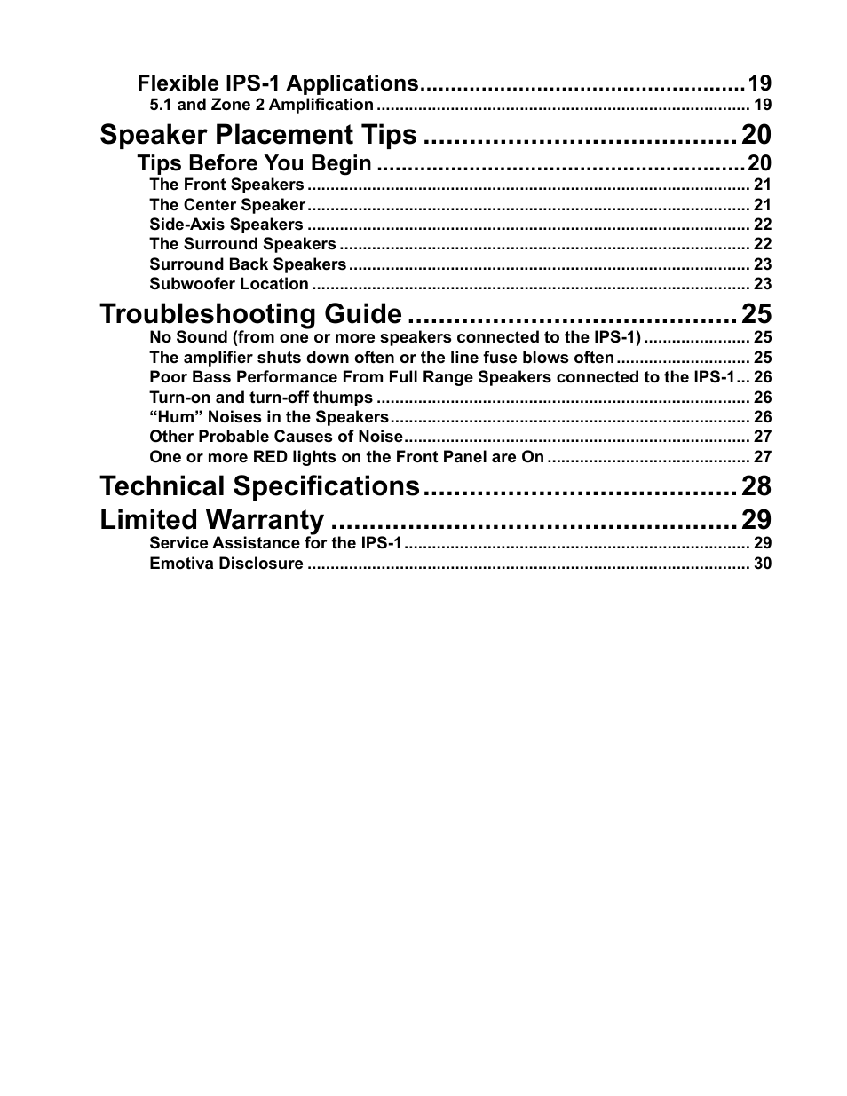 Speaker placement tips, Troubleshooting guide, Technical specifications limited warranty | Emotiva IPS-1 User Manual | Page 3 / 32