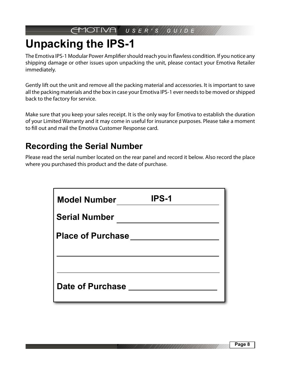 Unpacking the ips-1, Recording the serial number | Emotiva IPS-1 User Manual | Page 8 / 32