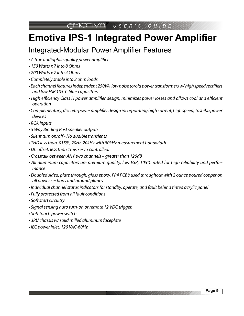 Emotiva ips-1 integrated power amplifier, Integrated professional power amplifier features, Integrated-modular power amplifier features | Emotiva IPS-1 User Manual | Page 9 / 32