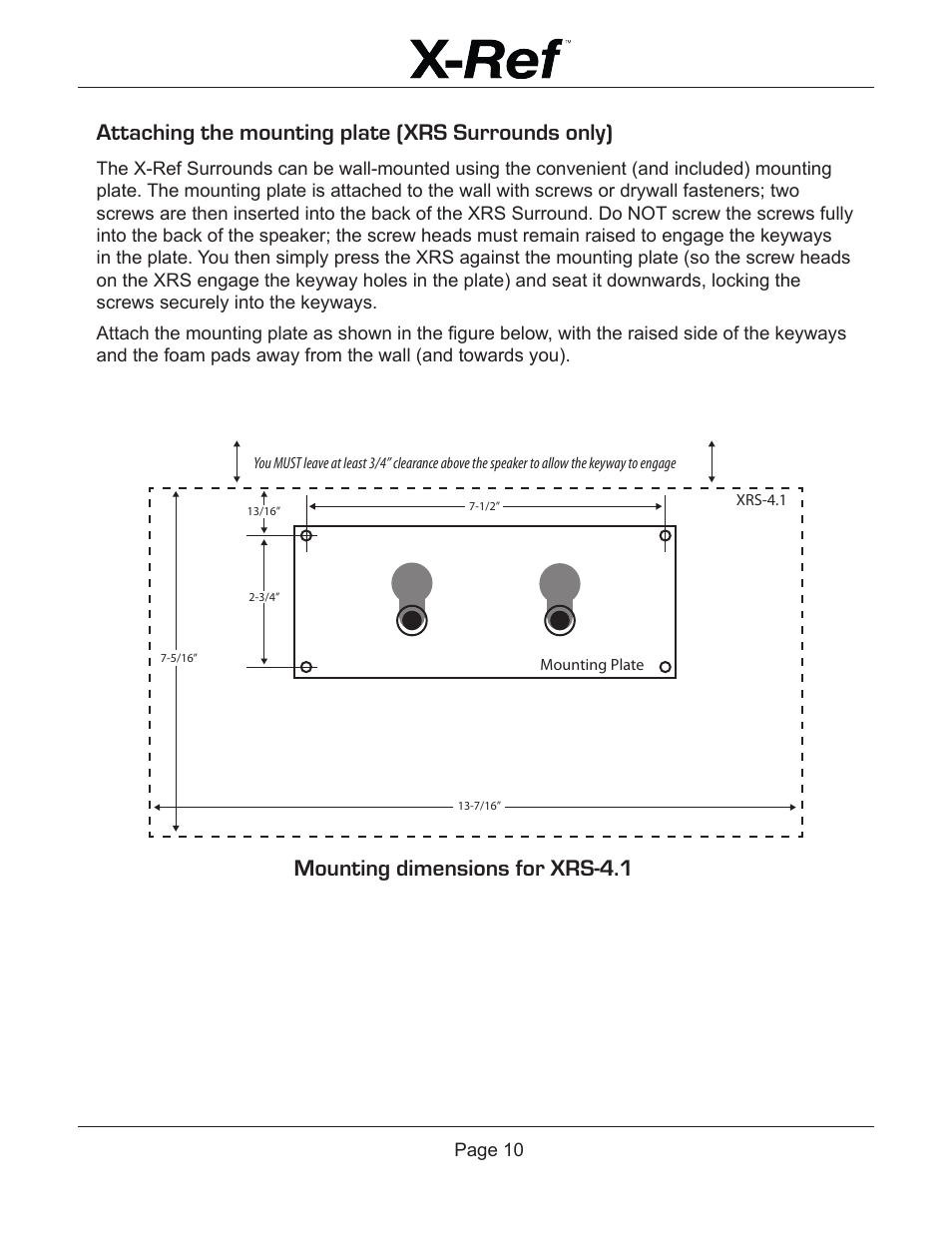 Attaching the mounting plate (xrs surrounds only), Mounting dimensions for xrs-4.1 | Emotiva X-Ref User Manual | Page 12 / 33