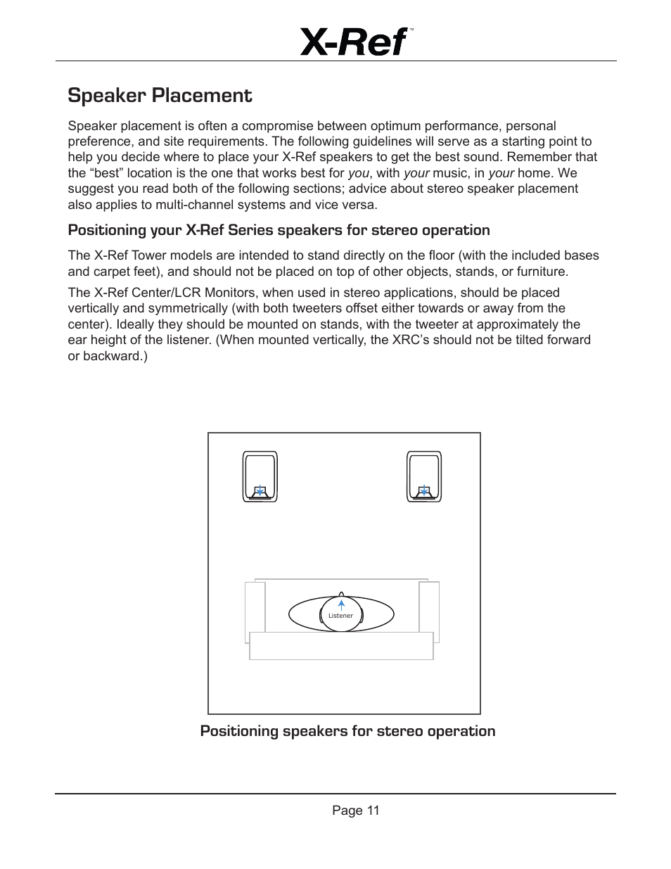 Speaker placement, Positioning speakers for stereo operation | Emotiva X-Ref User Manual | Page 13 / 33