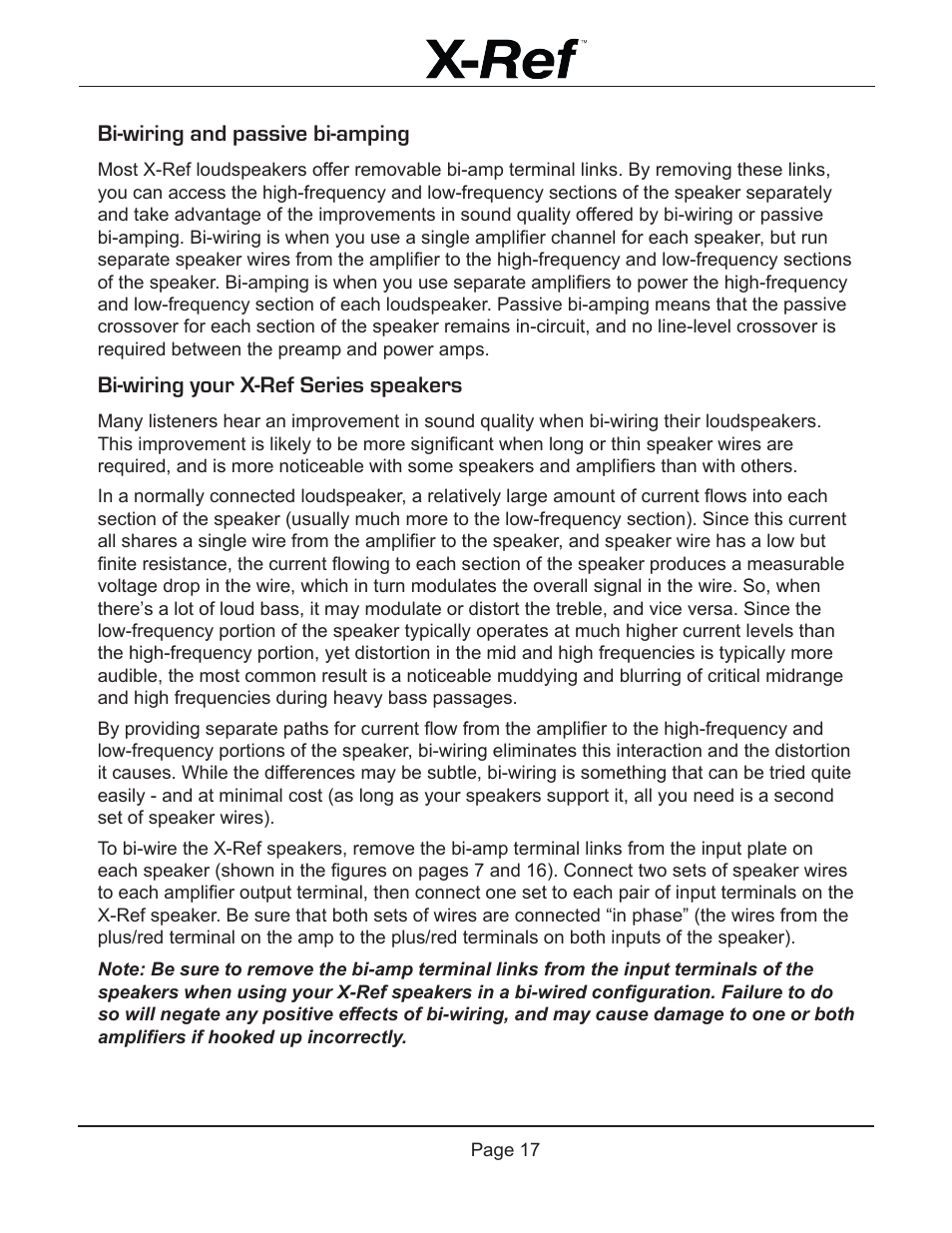 Bi-wiring and passive bi-amping, Bi-wiring your x-ref series speakers | Emotiva X-Ref User Manual | Page 19 / 33