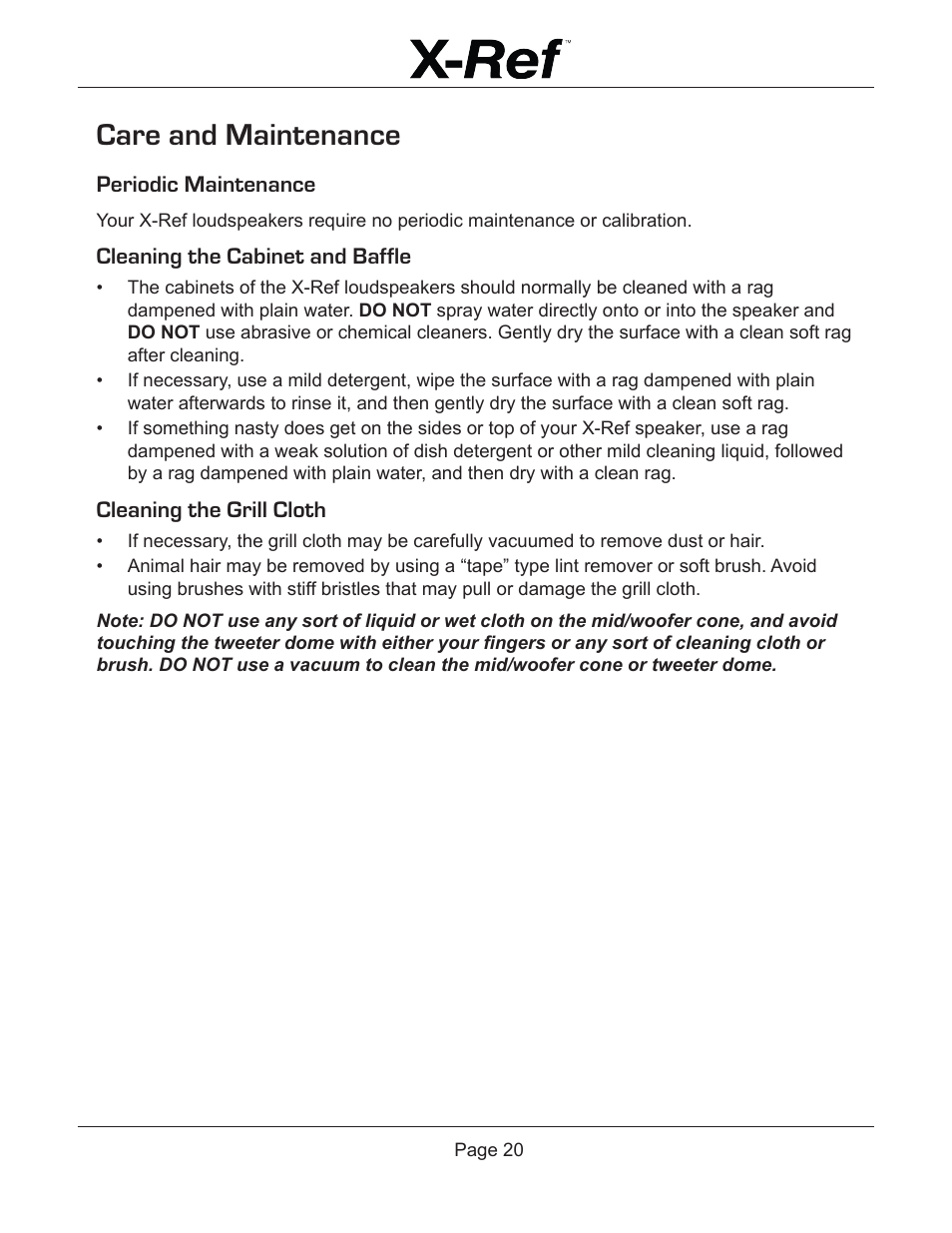 Care and maintenance, Periodic maintenance, Cleaning the cabinet and baffle | Cleaning the grill cloth | Emotiva X-Ref User Manual | Page 22 / 33