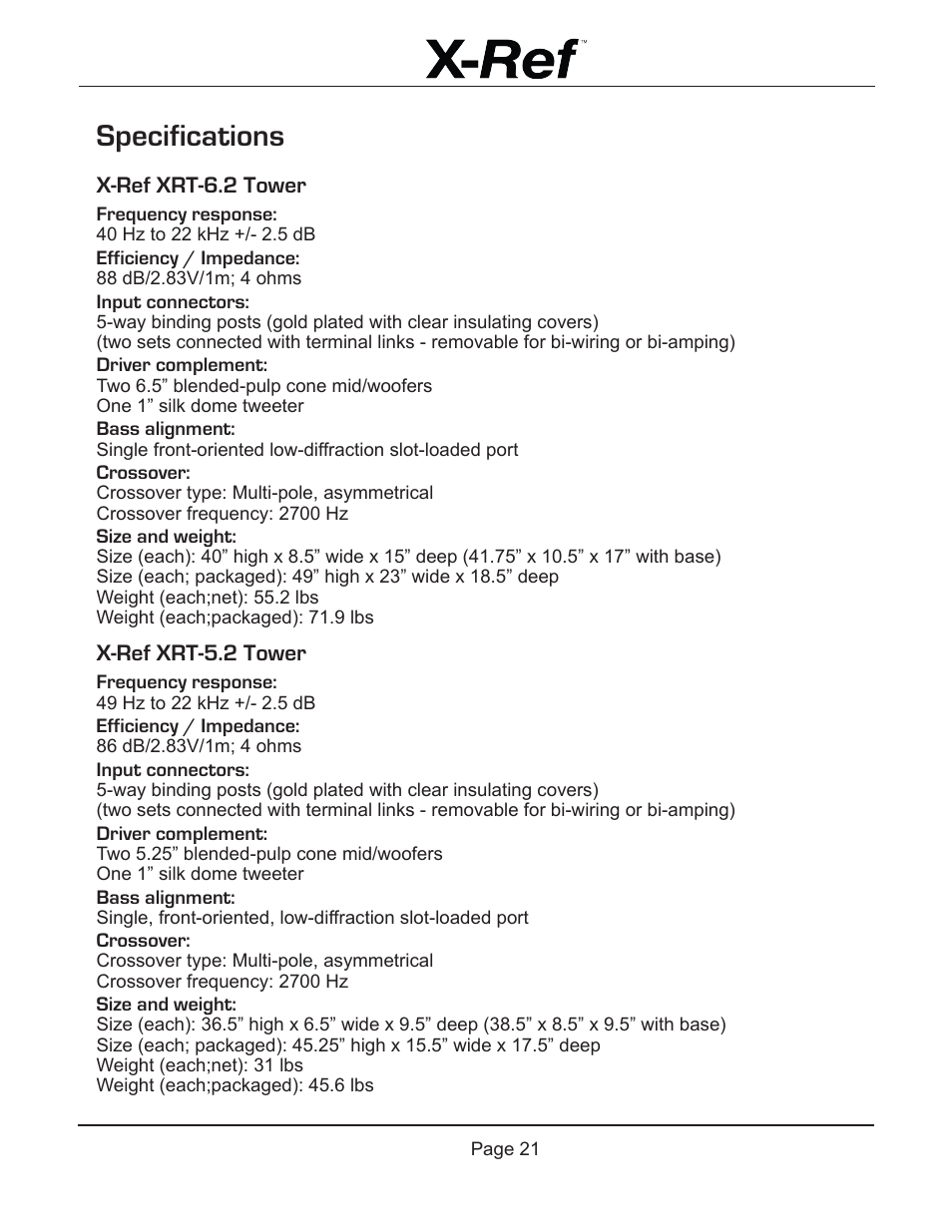 Specifications, X-ref xrt-6.2 tower, X-ref xrt-5.2 tower | Emotiva X-Ref User Manual | Page 23 / 33