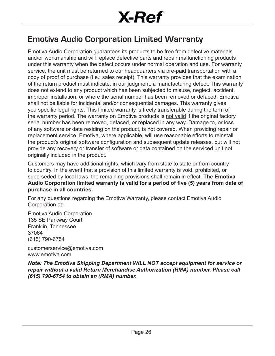 Emotiva audio corporation limited warranty | Emotiva X-Ref User Manual | Page 28 / 33