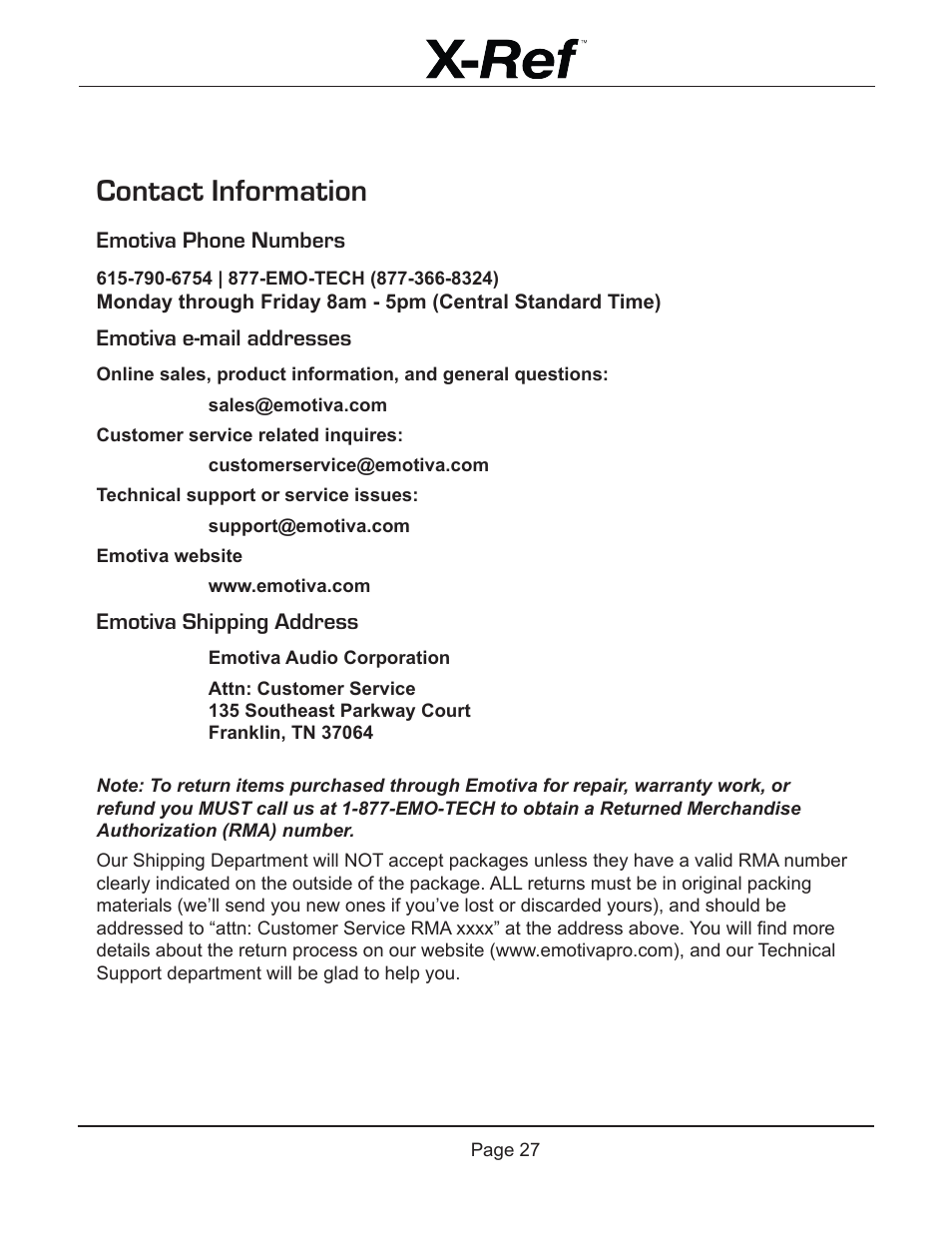 Contact information, Emotiva phone numbers, Emotiva e-mail addresses | Emotiva shipping address | Emotiva X-Ref User Manual | Page 29 / 33