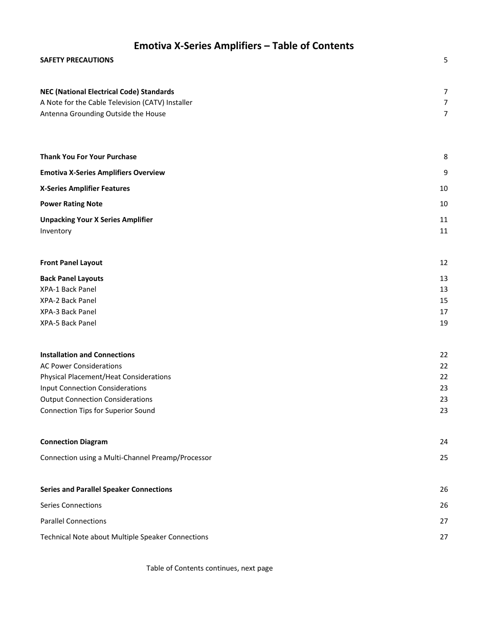 Emotiva x‐series amplifiers – table of contents | Emotiva XPA-1 User Manual | Page 3 / 37