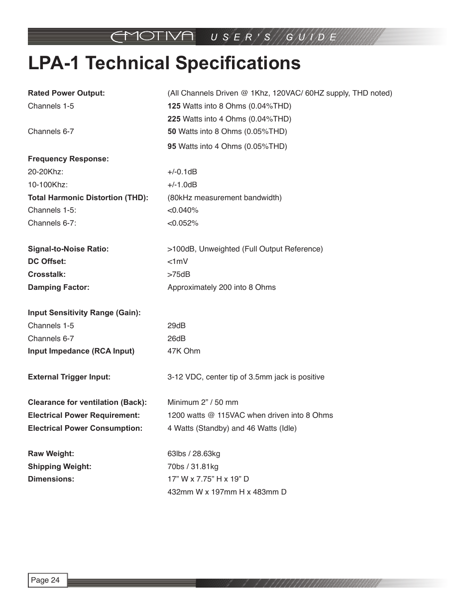 Lpa-1 technical specifi cations | Emotiva LPA-1 User Manual | Page 24 / 26