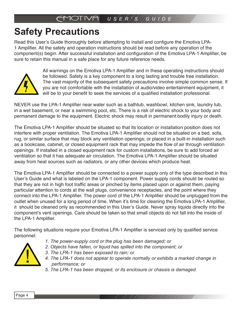 Safety precautions | Emotiva LPA-1 User Manual | Page 4 / 26