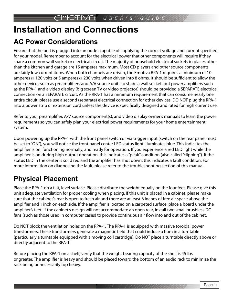 Installation and connections, Ac power considerations, Physical placement | Emotiva RPA-1 User Manual | Page 11 / 28