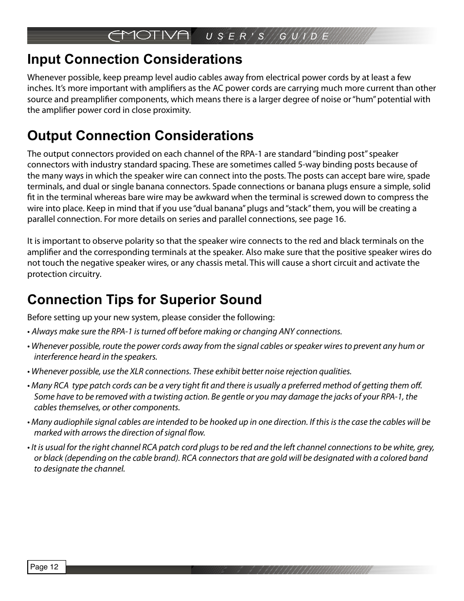 Input connection considerations, Output connection considerations, Connection tips for superior sound | Emotiva RPA-1 User Manual | Page 12 / 28