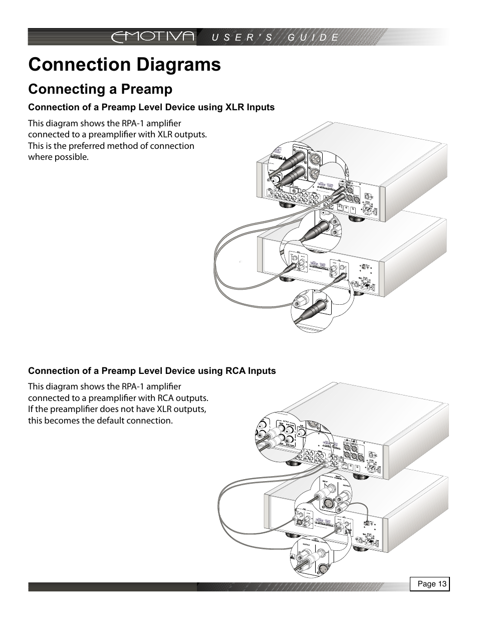 Connection diagrams, Connecting a preamp | Emotiva RPA-1 User Manual | Page 13 / 28
