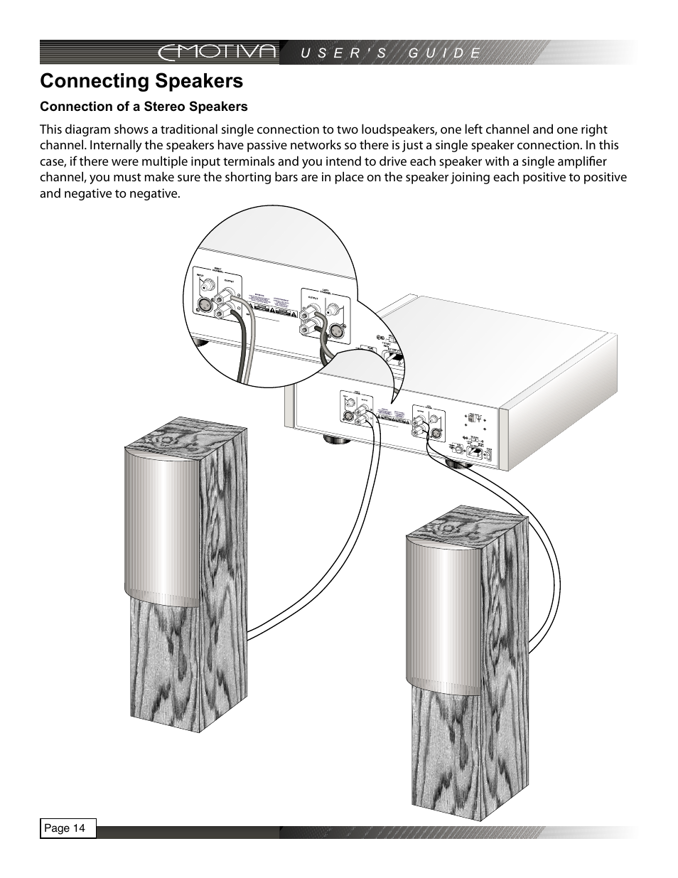 Connecting speakers, Connection of a stereo speakers | Emotiva RPA-1 User Manual | Page 14 / 28