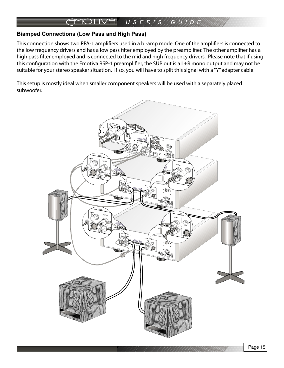 Biamped connections (low pass and high pass) | Emotiva RPA-1 User Manual | Page 15 / 28