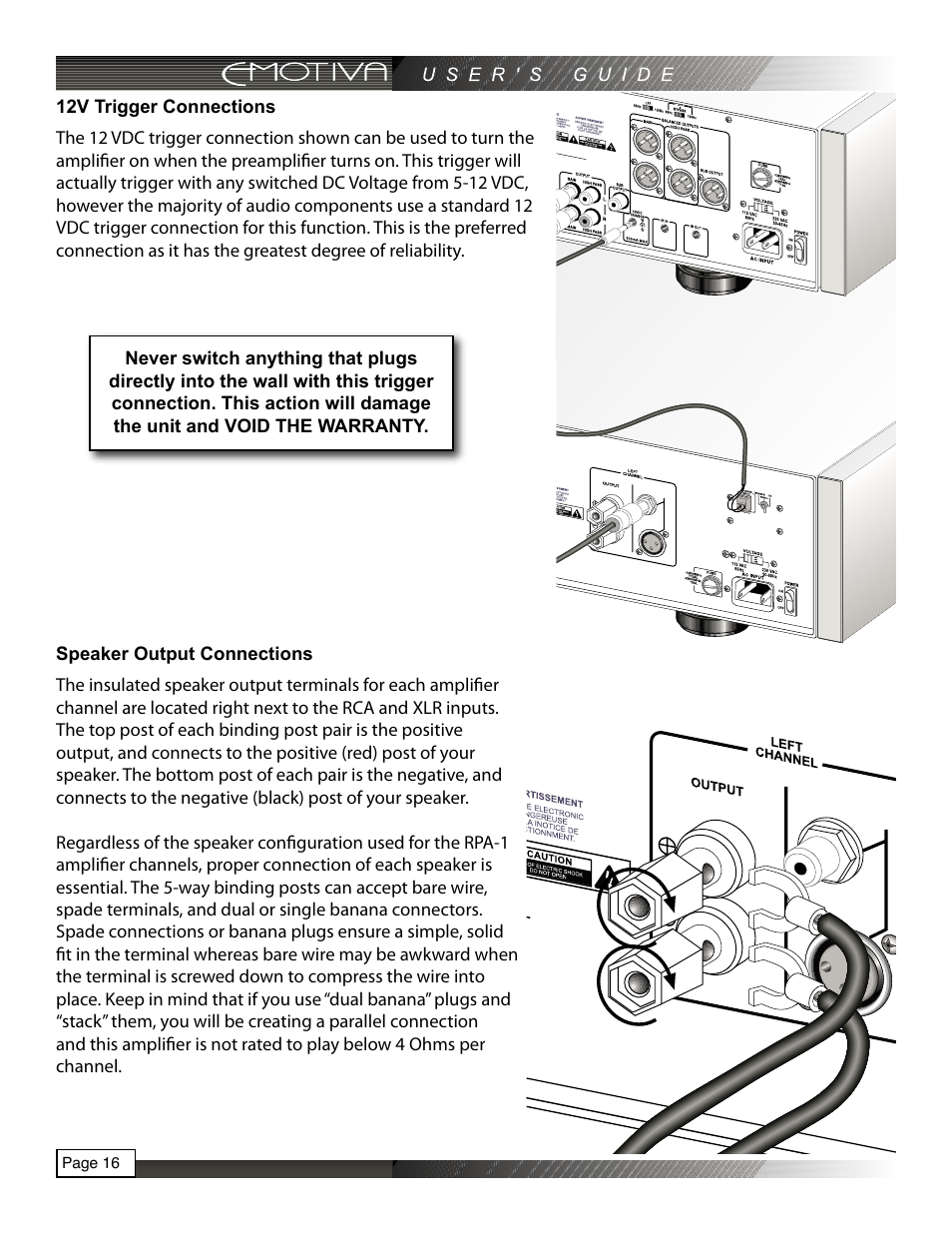 12v trigger connections, Speaker output connections | Emotiva RPA-1 User Manual | Page 16 / 28